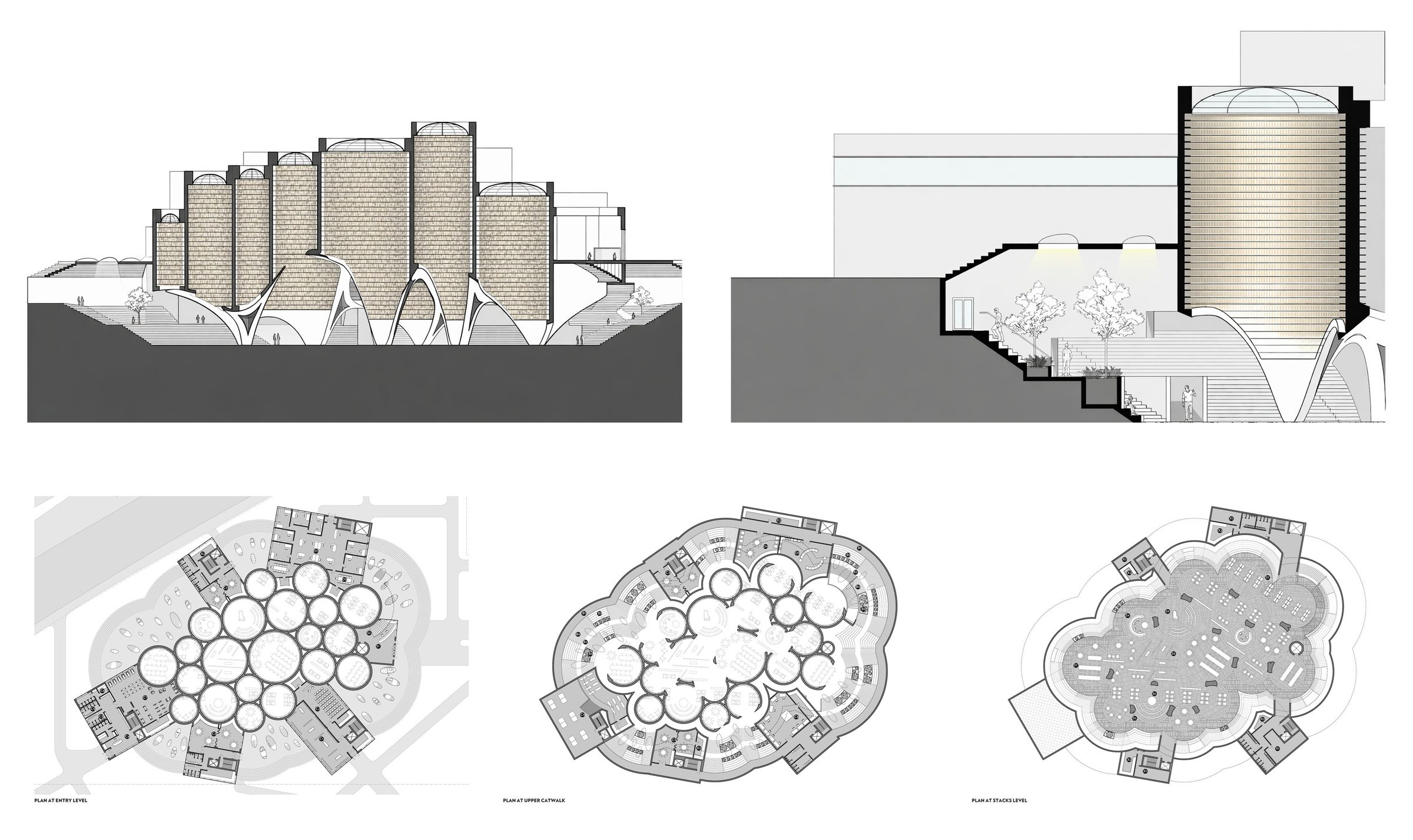 Gwangju Main Library sections and plans: robotic book stacks